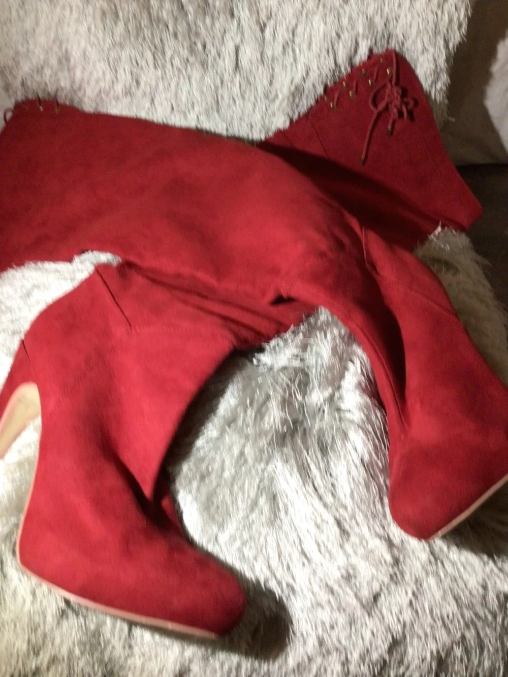 Candy Apple Red suede gold tip lace tie thigh high heeled boot